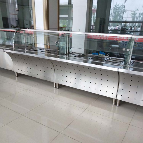 五格快餐不銹鋼保溫售飯臺(tái) 商用玻璃罩拉門飯車